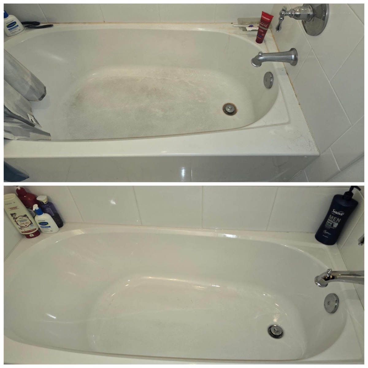Bathtub before (top) and after (bottom) cleaning by Stephanie Cleaning Services